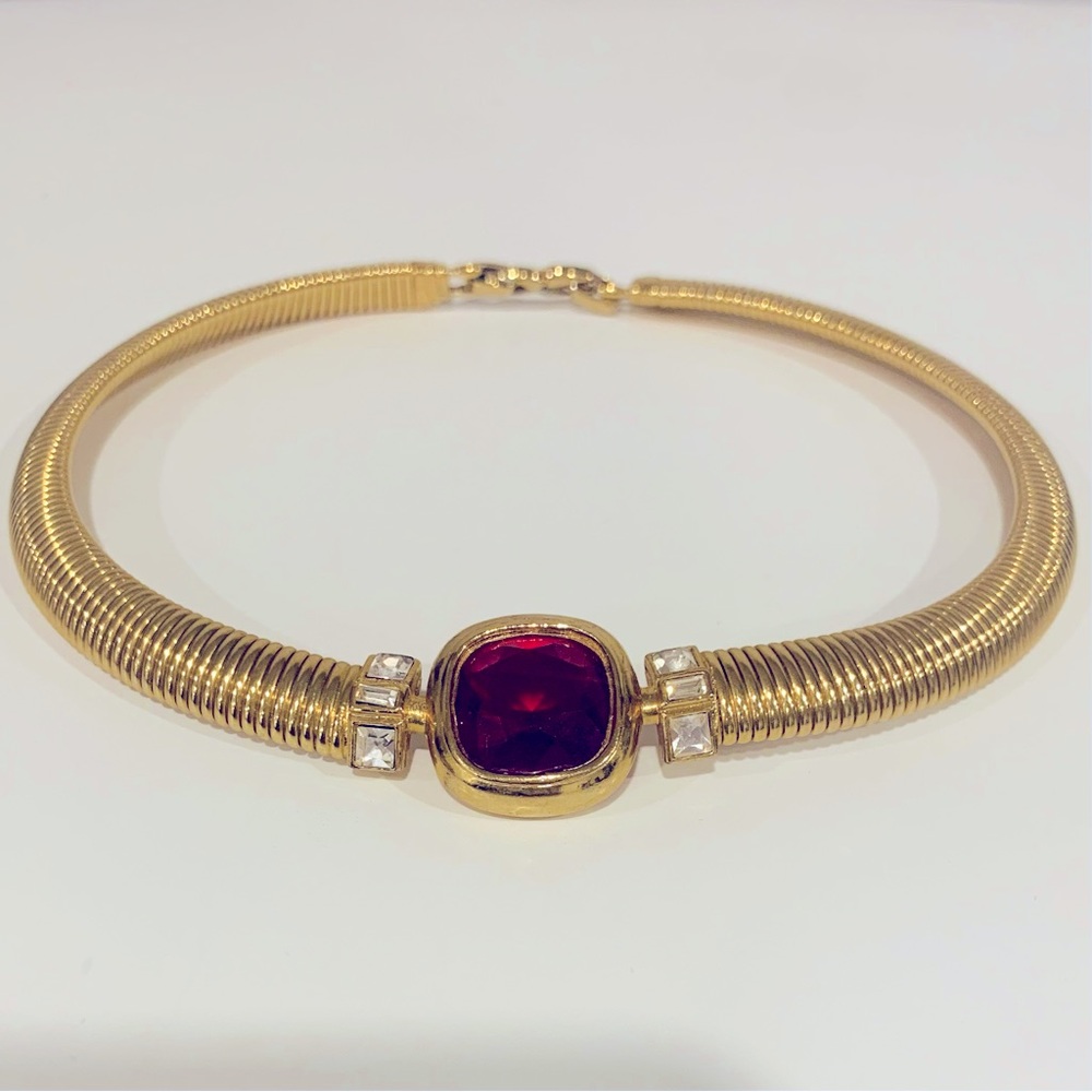VINTAGE Nina Ricci Tubogas Choker - 22kt Gold Plated Red Cabochon Statement
